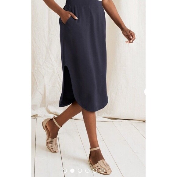 GARNET HILL Easy Knit Skirt M Tencel Stretch Side Slit Navy Blue - Picture 1 of 13